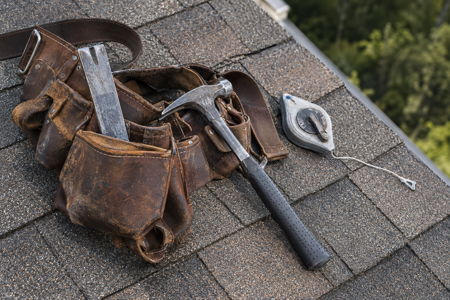 Roofer's tool belt with a flat bar, hammer and chalk line lying on an asphalt shingle slope
