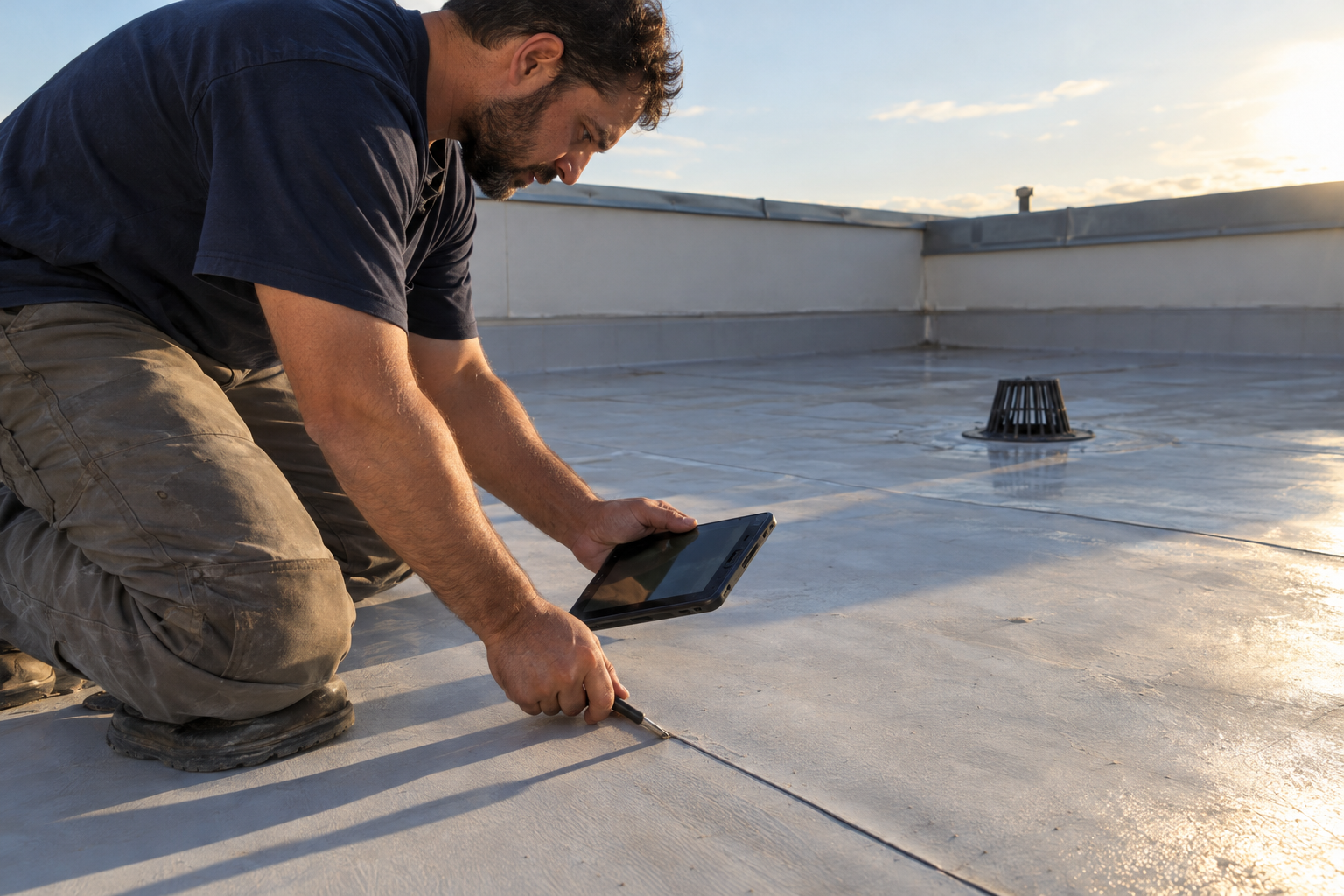 Roofer kneeling on a membrane roof photographing a seam with a tablet