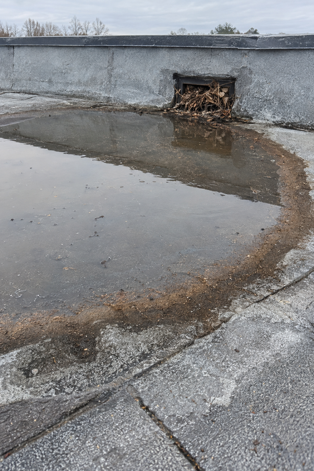 Standing water with a dirt ring on an aged flat roof beside a scupper clogged with leaves