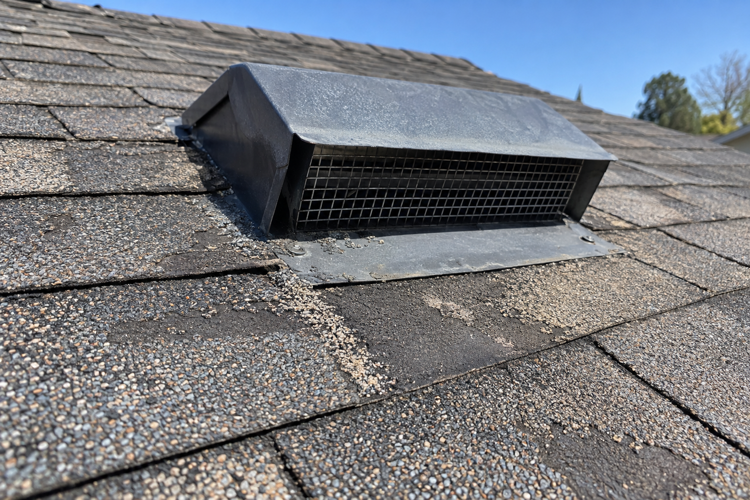 Close view of a metal roof vent in weathered asphalt shingles with bald patches where the granules have worn away