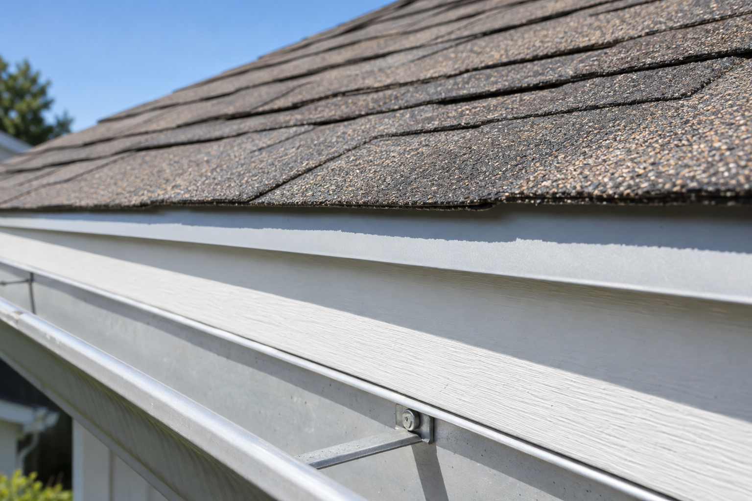 New shingles overhanging metal drip edge along a roof eave above a painted fascia board