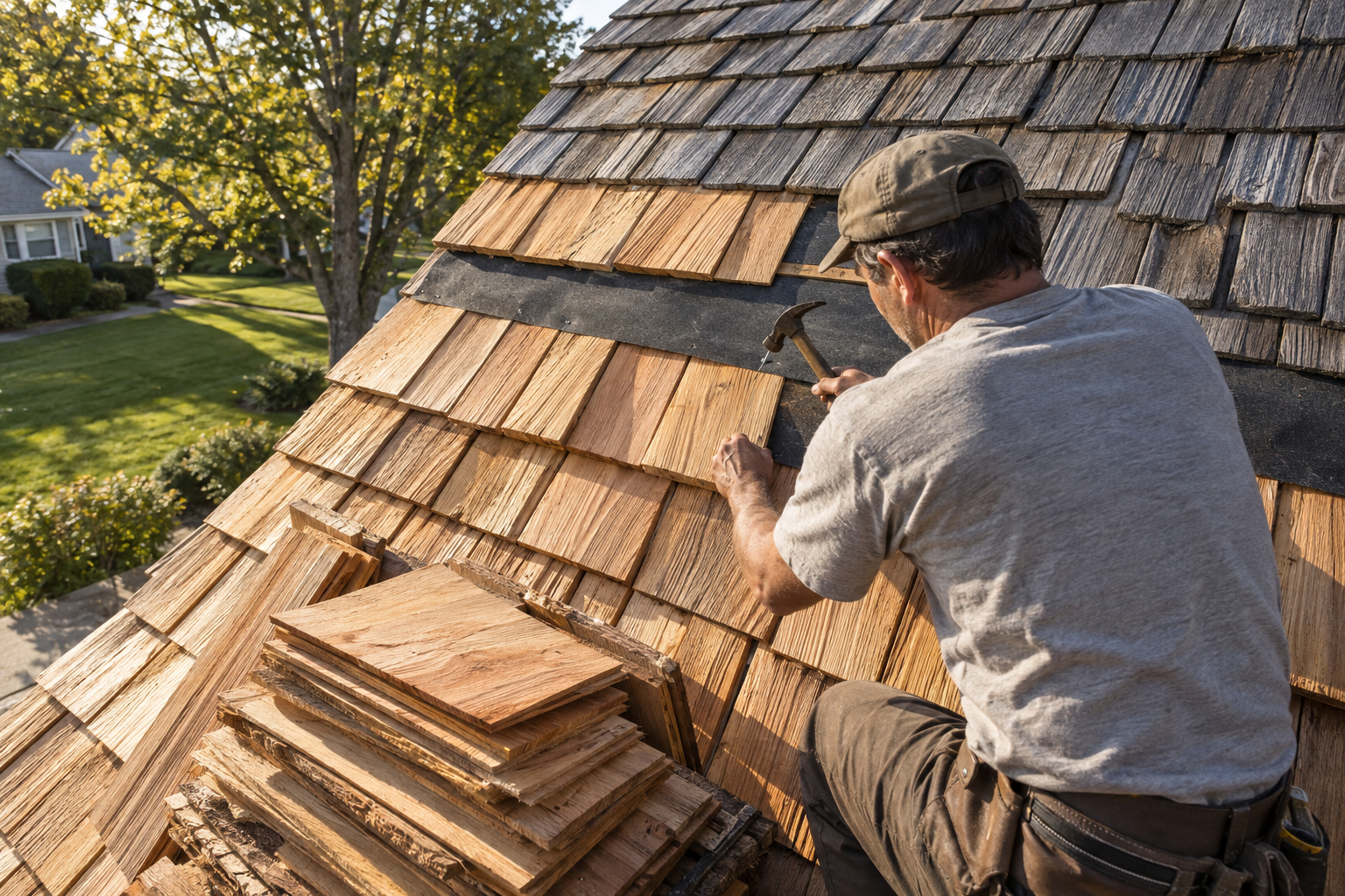 Roofer setting a hand-split cedar shake in a course over felt interlayment
