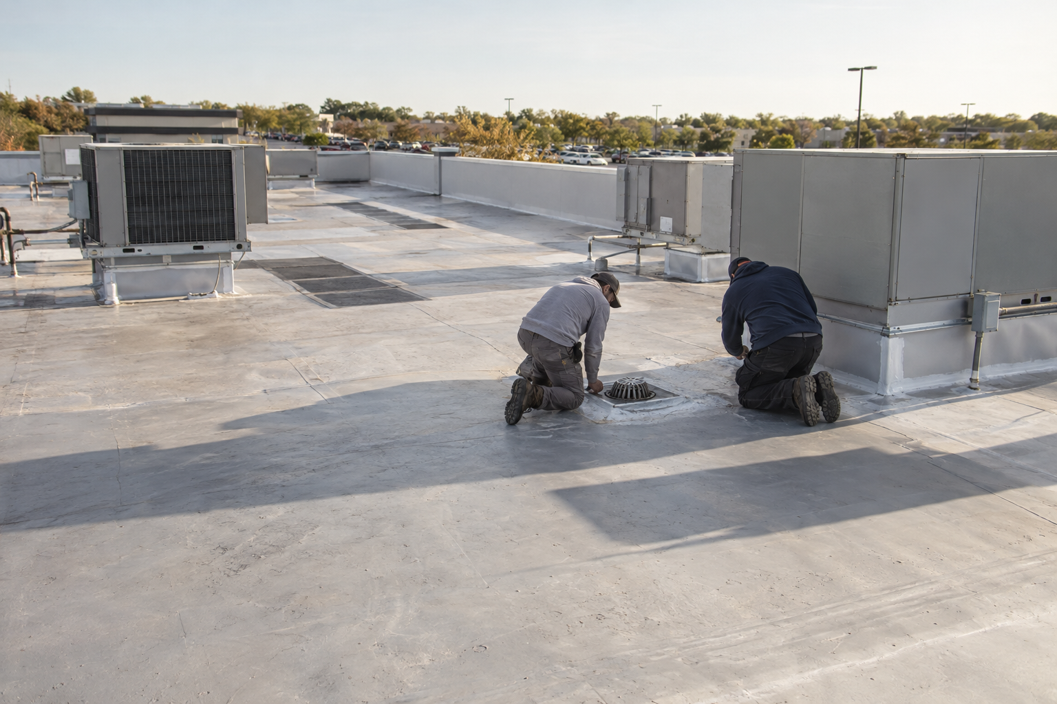 Two roofers at a drain and equipment curb on a large low-slope membrane roof
