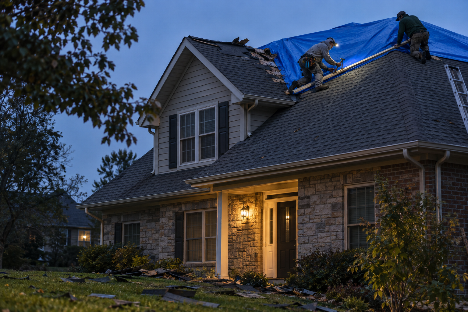 Two roofers battening a blue tarp over a damaged ridge at dusk