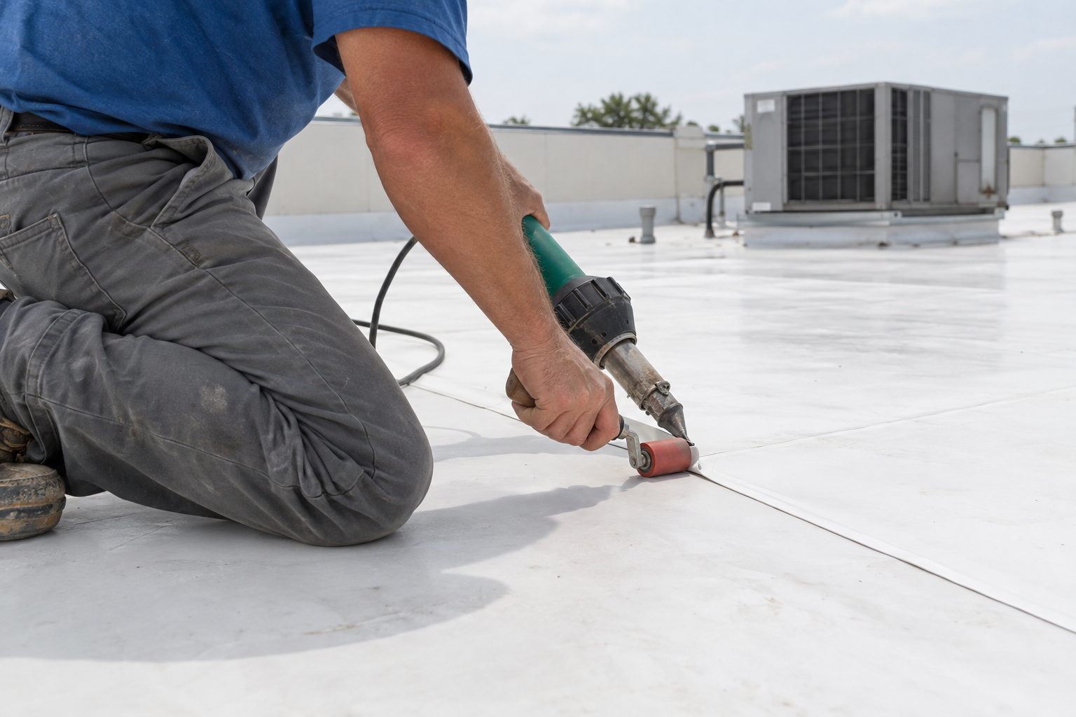 Roofer heat-welding a seam on a white single-ply membrane roof