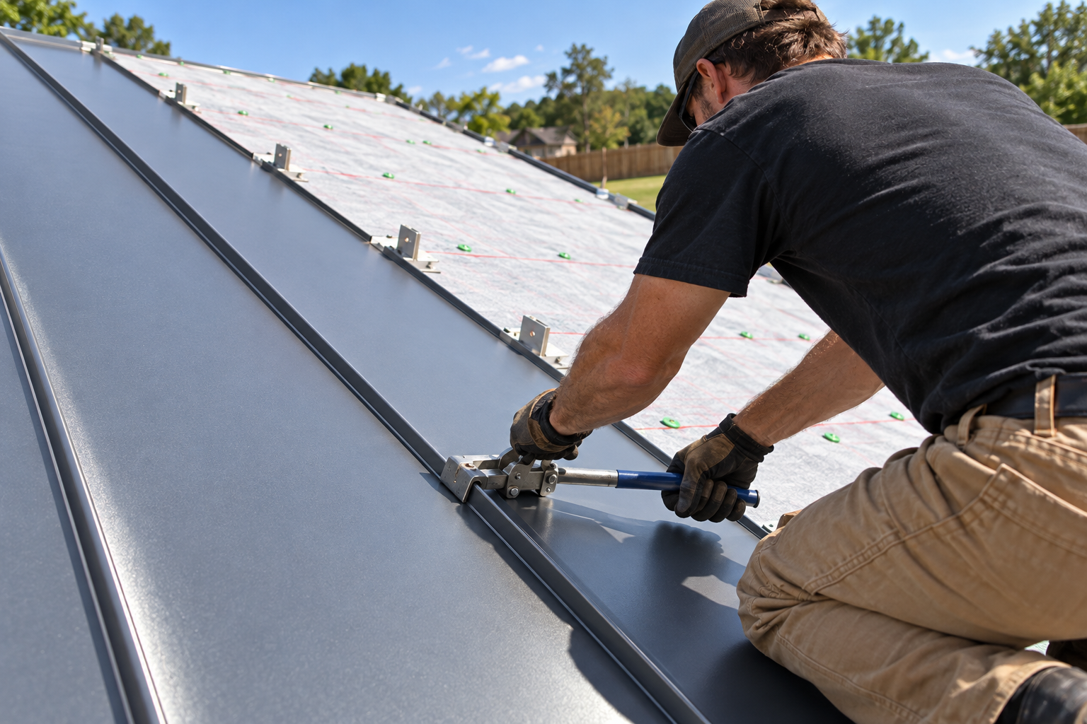 Roofer locking a standing-seam metal panel with a seaming tool