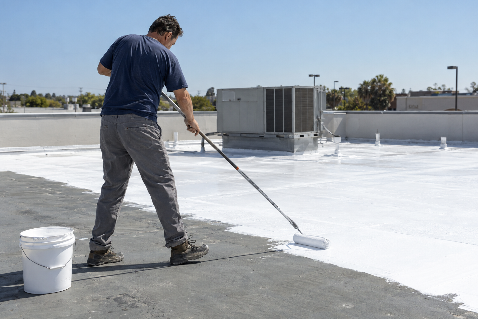 Roller spreading bright white coating across a gray flat roof