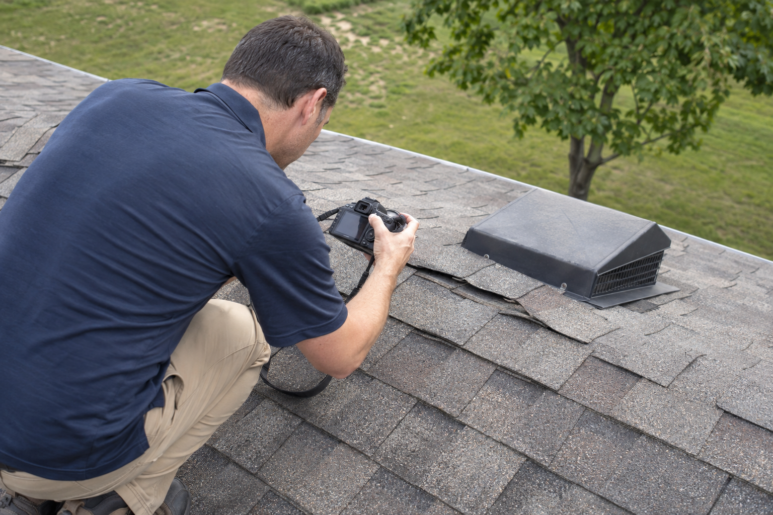 Inspector crouched on a shingle roof photographing lifted shingles beside a vent