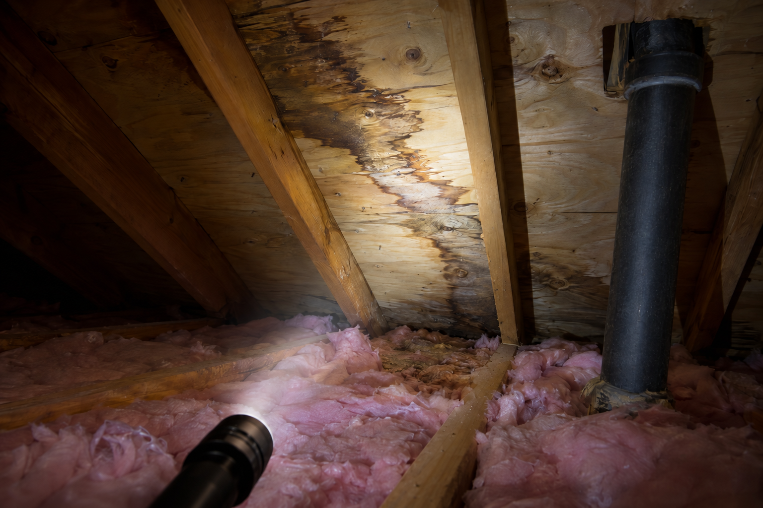 Flashlight beam on a water stain running down attic roof decking beside a rafter