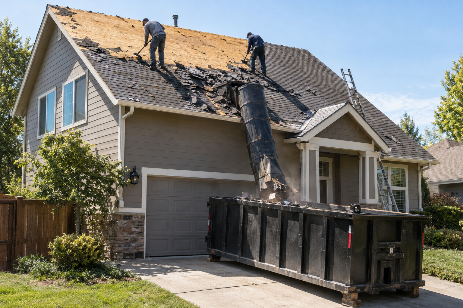 Roof half stripped to bare decking with old shingles sliding down a chute into a dumpster