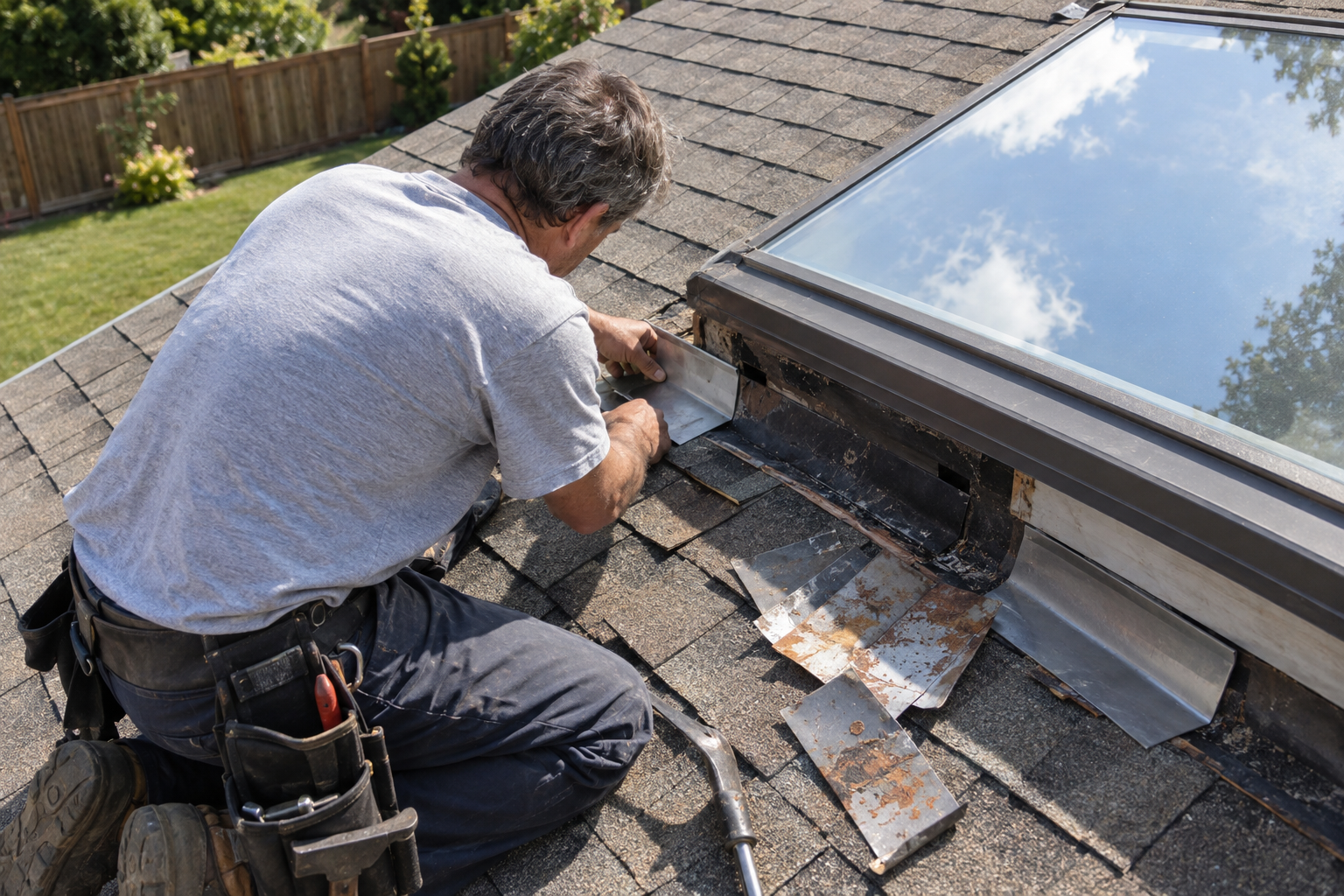 Roofer fitting new step flashing against a curb-mounted skylight