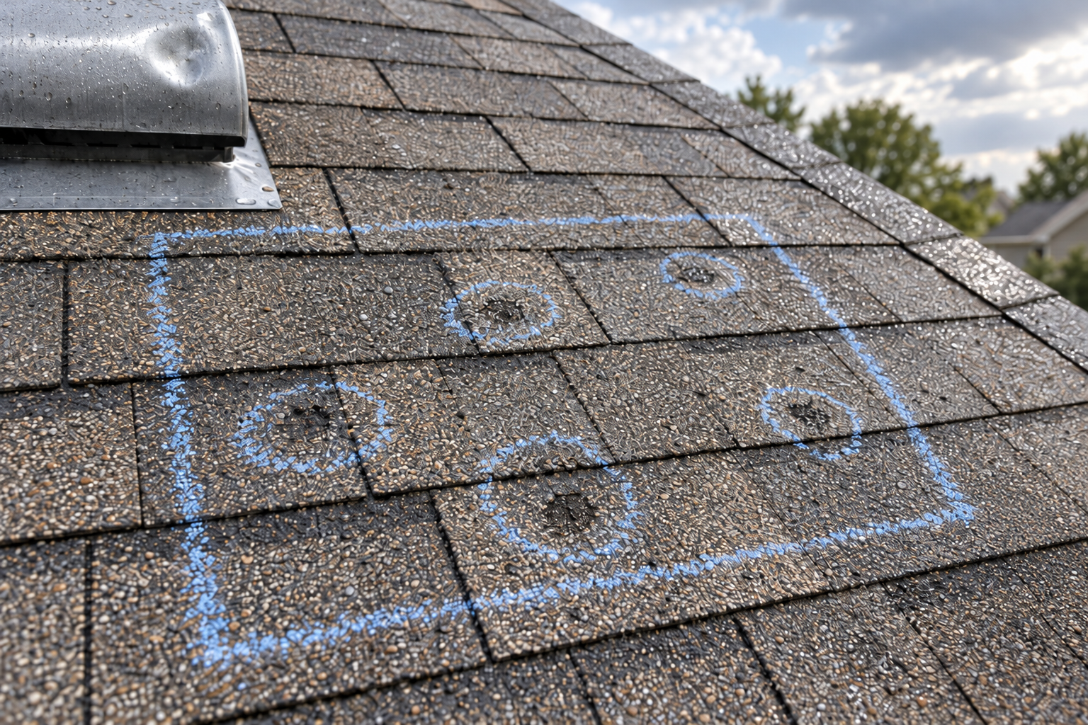 Hail bruises on asphalt shingles circled in chalk inside a test square