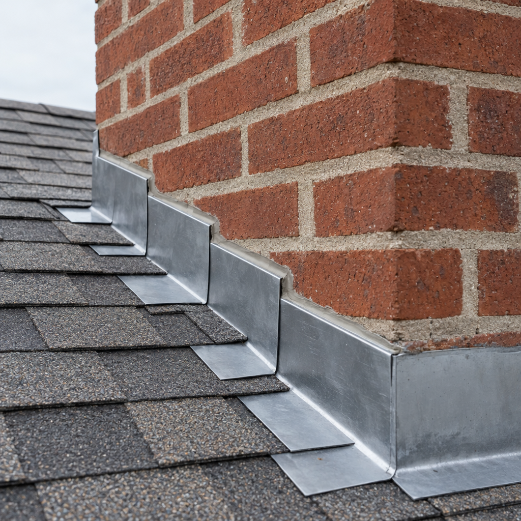 New step flashing and counterflashing at the base of a brick chimney