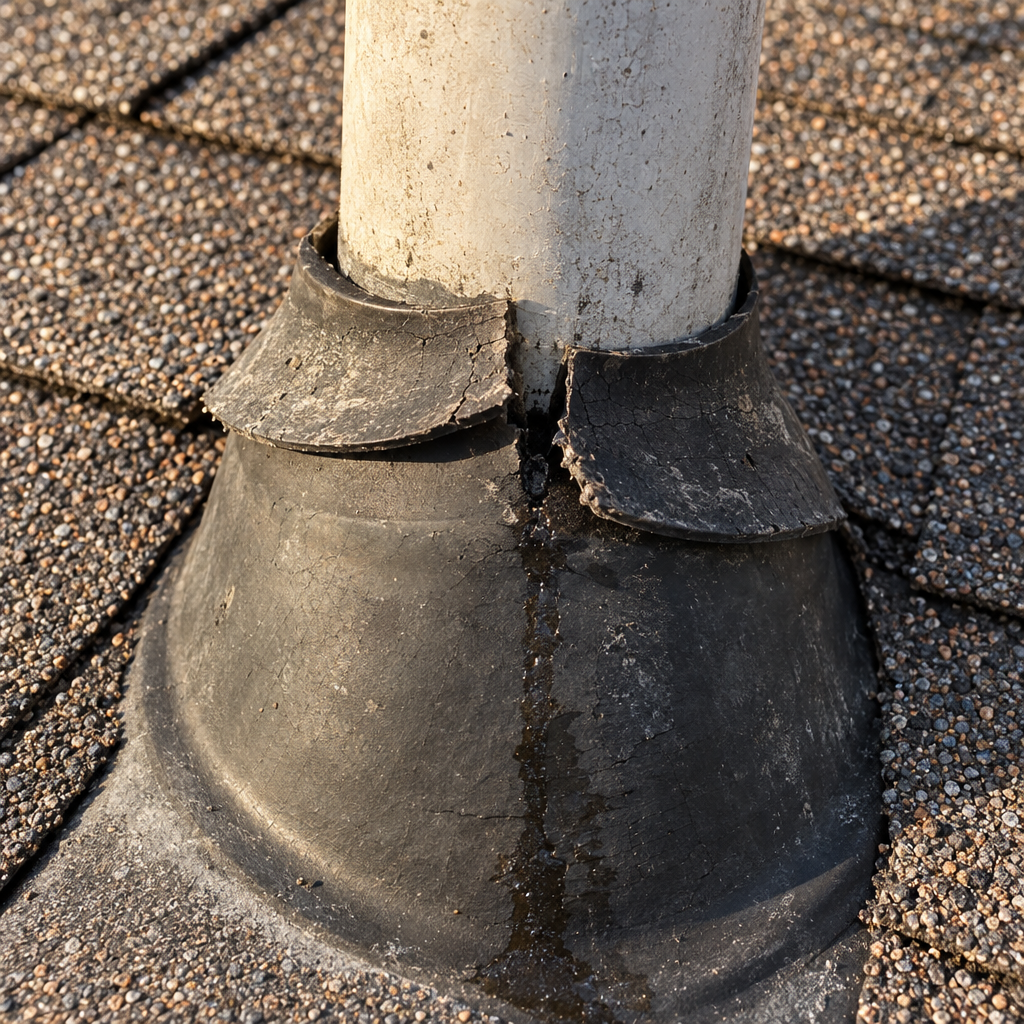 Split rubber pipe boot collar around a vent pipe on a shingle roof
