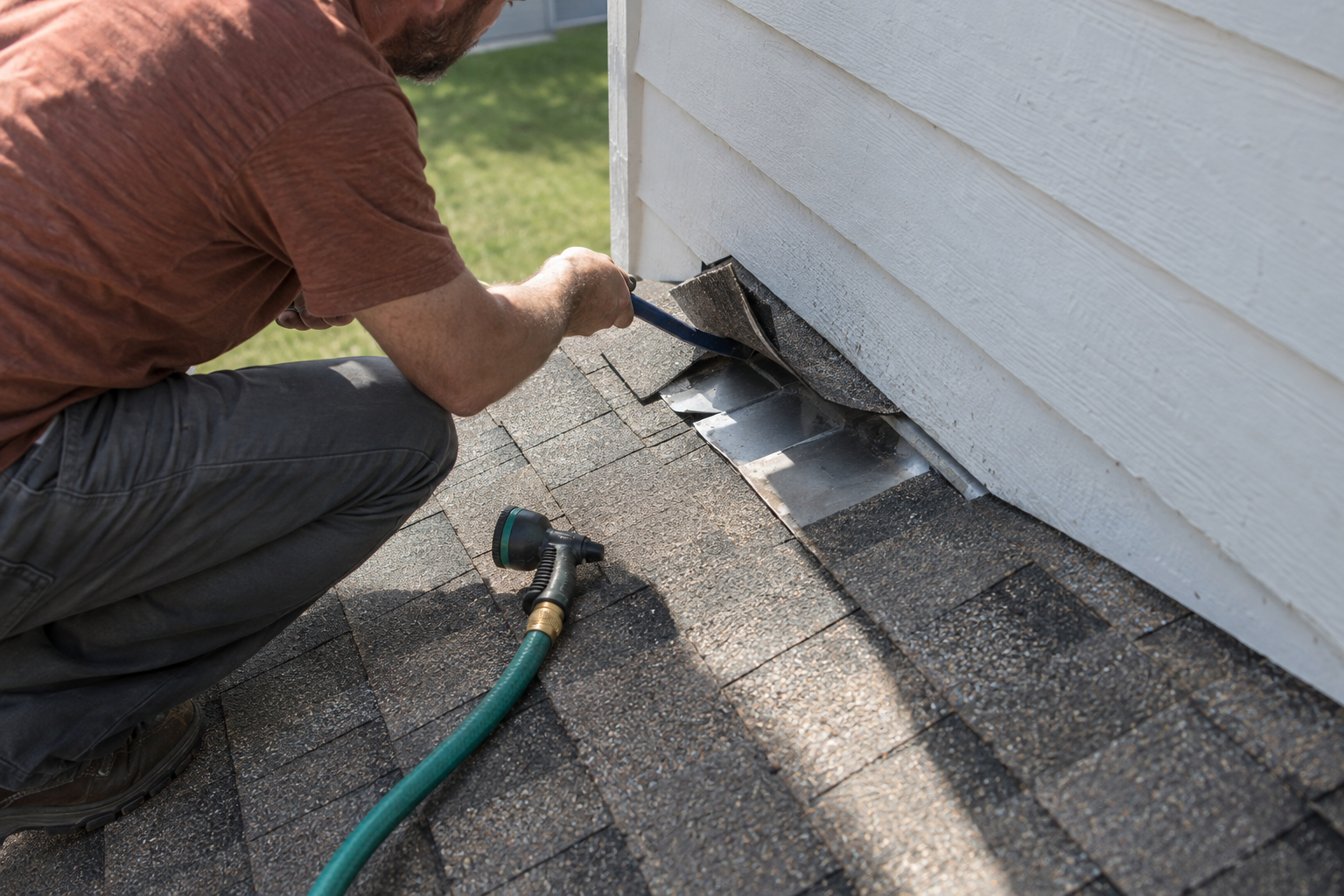 roofer checking flashing during a roof repair