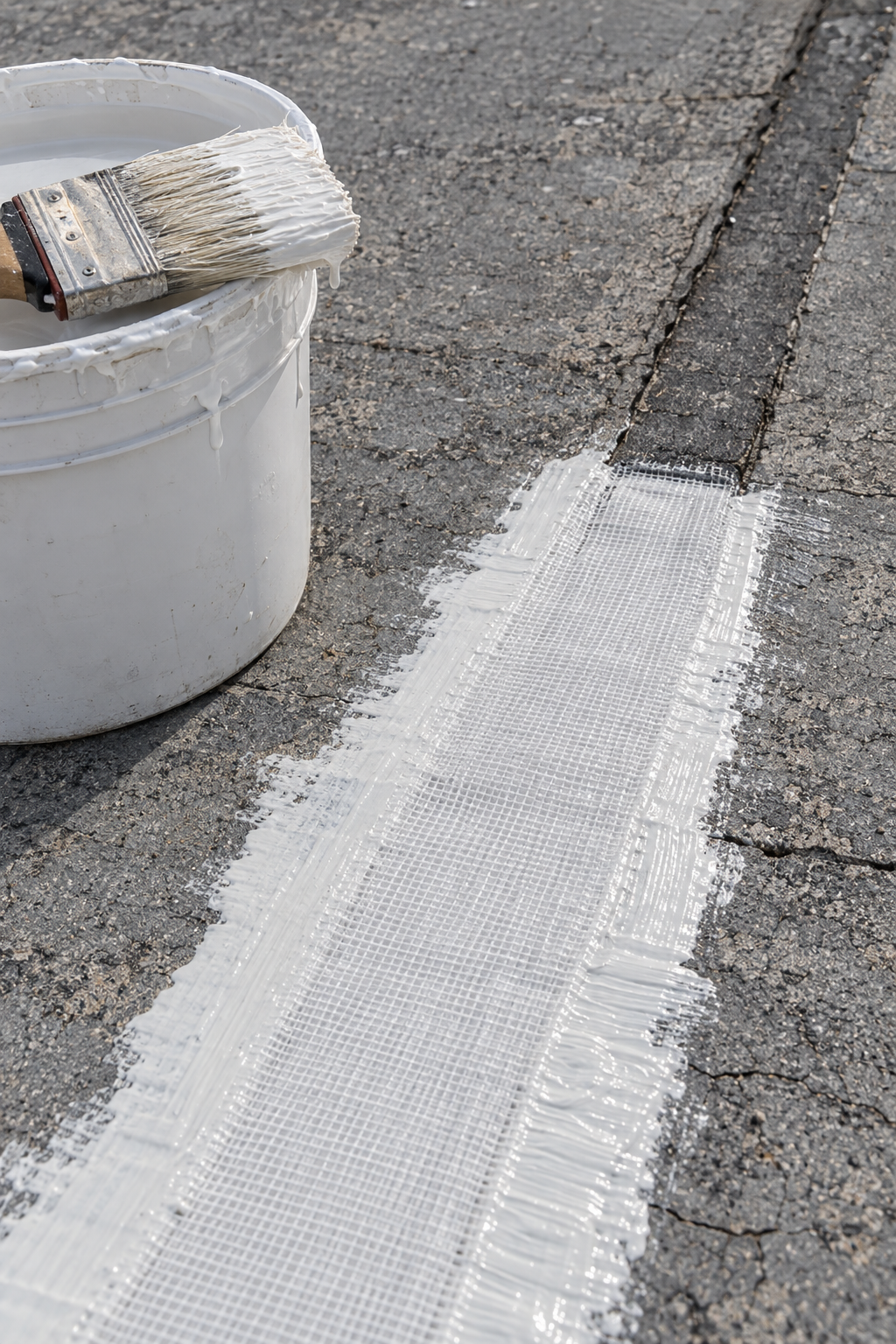 Reinforcing fabric set in wet white coating over a seam on a gray flat roof