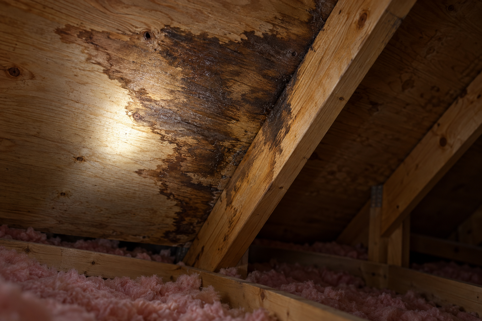 Flashlight beam on a water stain across attic roof sheathing beside a rafter