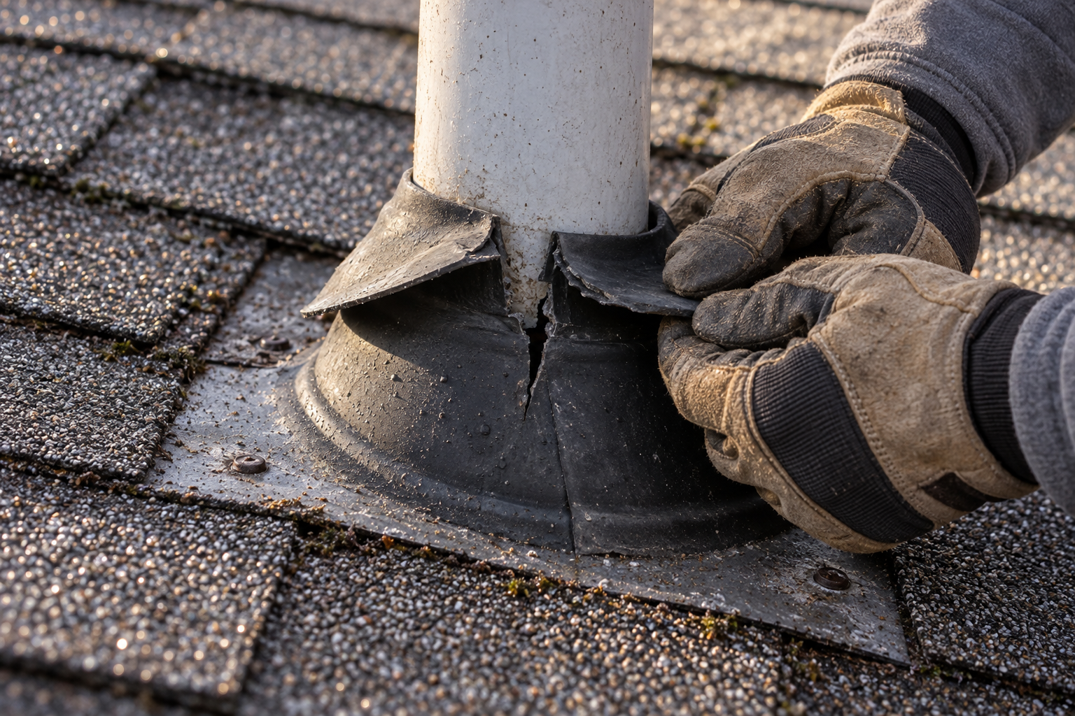 roof leak repair at a pipe boot