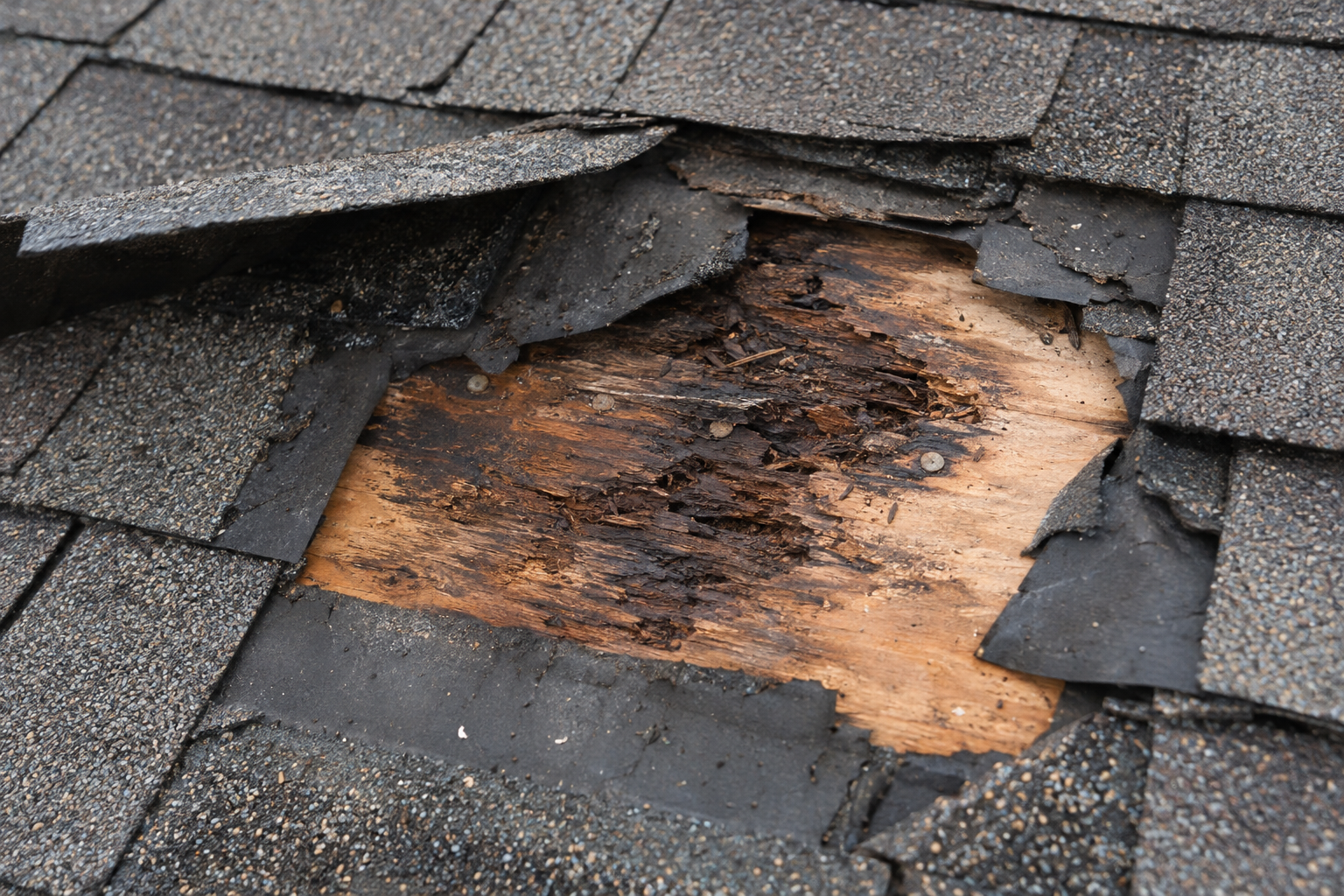 Rotted roof decking exposed under lifted asphalt shingles