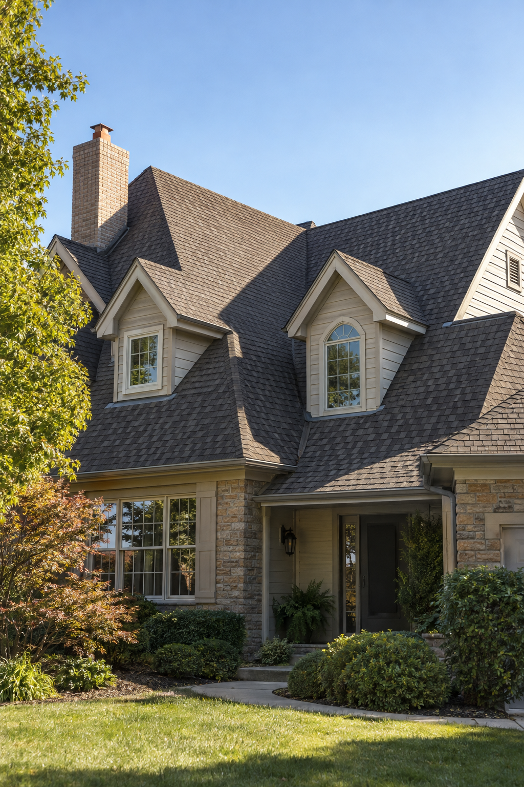 Steep two-story roof with several dormers and valleys seen from the yard