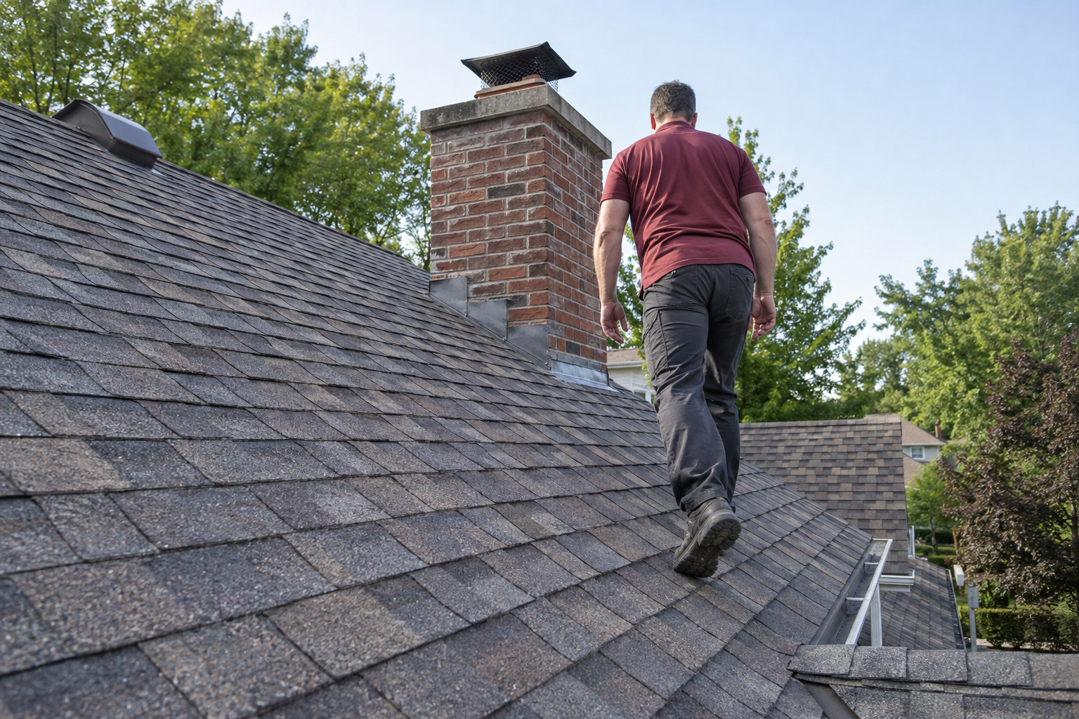 Roofer walking up a shingle roof toward the chimney of a split-level house