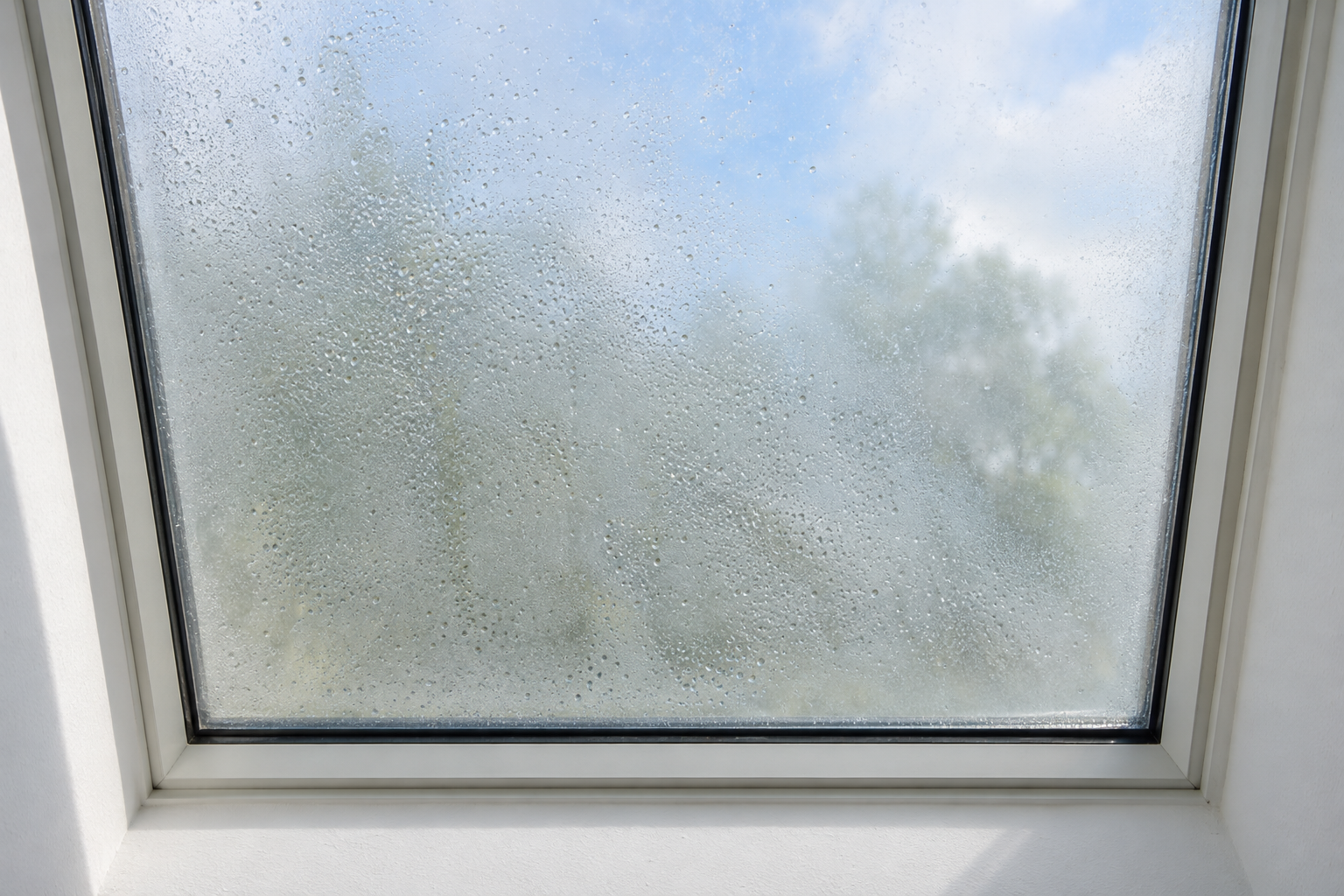 Double-pane skylight glass fogged between the panes, seen from below