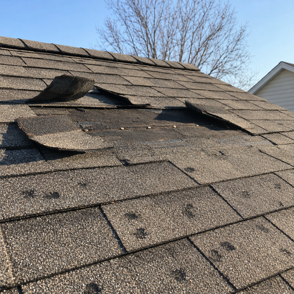 storm damage roof repair on hail-bruised shingles